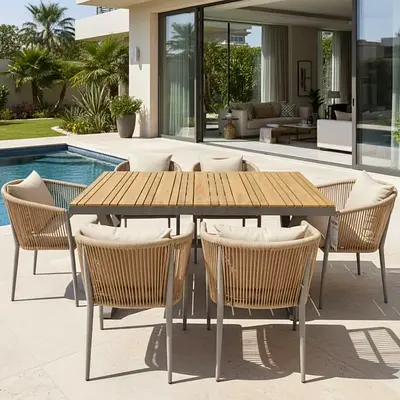 All-Weather Resistant Aluminum Frame WPC 6-Seater Outdoor Dining Set with Cushions for Garden and B