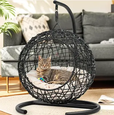 Cat Swing Bed with Stand  Cushion, Cat Egg Chair with Rattan Wicker Appearance, Indoor Han