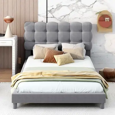Twin Size Upholstered Platform Bed,Velvet Fabric Bedframe with Soft Headboard,Grey