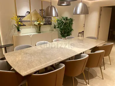 BRAND NEW Elegant Marble and Wood Dining Table Set WITH set of TEN Modern Chairs