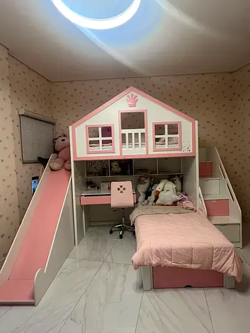 Kids bedroom Charming Pink Kids House Bed with Slide and Storage