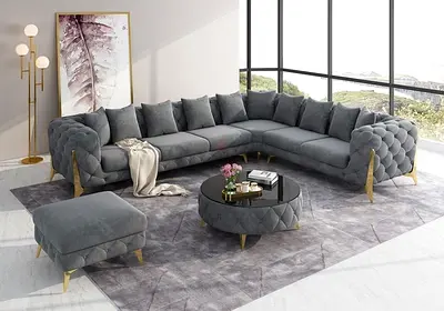 Stylish Grey Sectional Sofa with Coffee Table