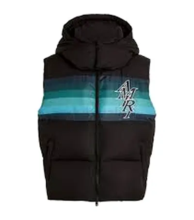 Amiri Staggered Logo Hooded Down Puffer vest in black with blue gradient stripes.