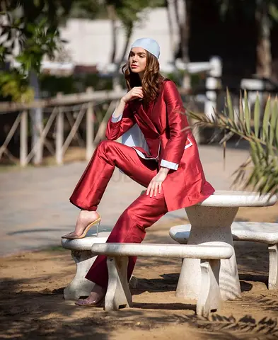 Red/light blue contrast blazer  flare leg pants suit from DMK CLOTHING BRAND