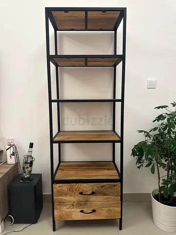 Stylish Wooden Open Shelf with Black Metal Frame