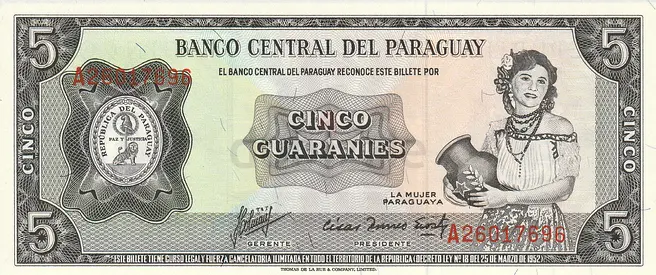 PARAGUAY 5 GUARANIES BANKNOTE 1963