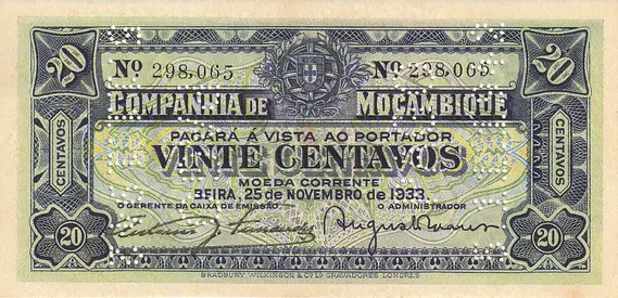 MOZAMBIQUE 20 CENTAVOS BANKNOTE 1933