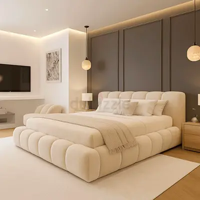 Elegant and Cozy Upholstered Bed with Light Fixtures
