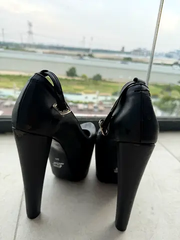 Black Leather High-Heel Shoes, 20 cm Heel, Size 38