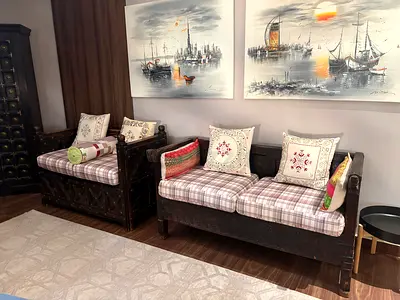 Hand carved Indian wood couches (description)