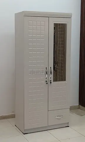 Modern White Mirror Wardrobe – Dual Door Closet with Shelves  Drawers