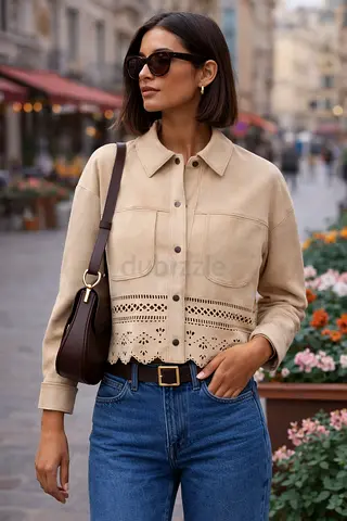Zara Faux Suede Jacket in Sand Beige With Laser Cut Details