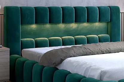 Luxurious Green Upholstered Bed with Modern Headboard
