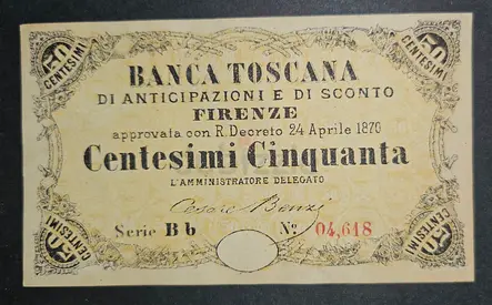 Vintage 50 Centesimi Banknote, Italy,  Banca Toscana / 1870