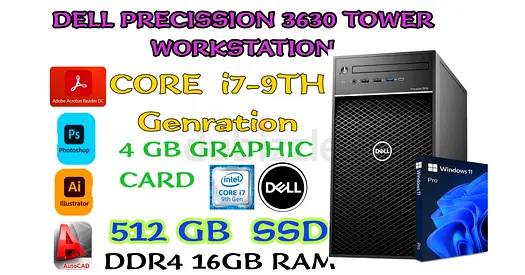 DELL PRECISSION 3630 TOWER-CORE i7-9700-4GB GRAPHIC CARD-16GB DDR4 RAM-512GB SSD-windows 11 pro