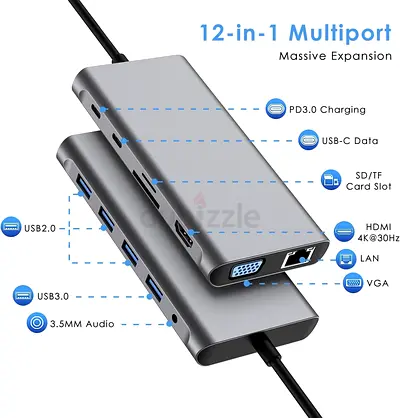 USB C HUB, 12 in 1 USB C Adapter Docking Station with 4K HDMI, VGA, 3 x USB  ( Fix Price )