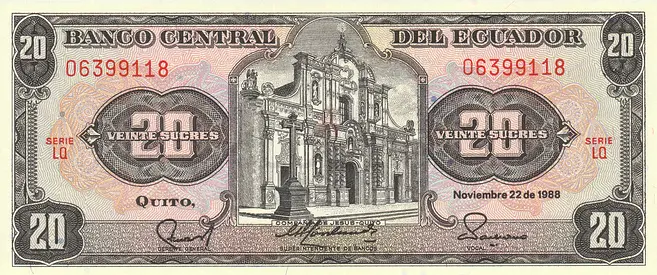ECUADOR 20 SUCRES BANKNOTE 1988