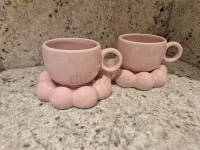 Pink Ceramic Cups with Unique Bubble Saucer