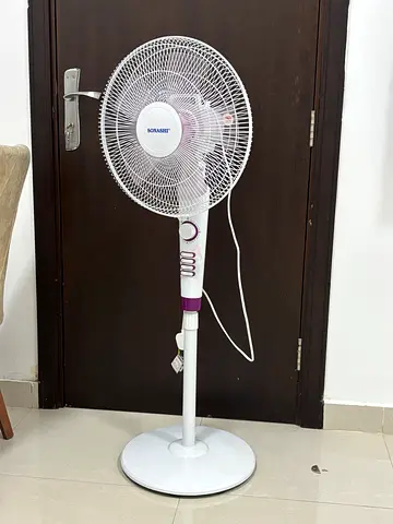 Title:  Sonashi Stand Fan – Like New | White with Purple Blade