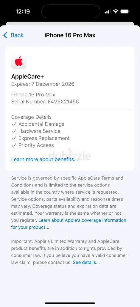 iPhone 16 Pro Max 1Tb TDR 1 Year Apple Care Plus warranty till (Genuine Display Part Message)