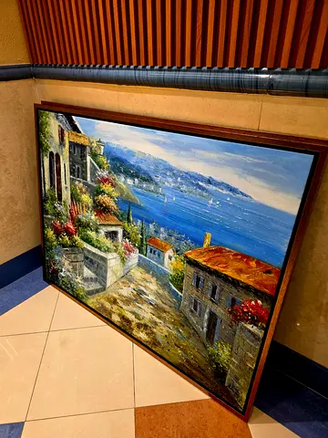 Beautiful Landscape Painting of Coastal Town. Original Knife (Pallette) Painting On Canvas. AED 690.