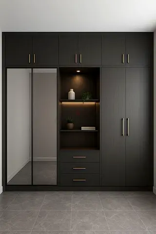 Contemporary Black Wardrobe with Mirror and Shelving