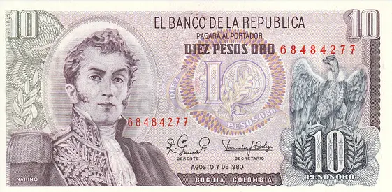 COLOMBIA 10 PESO ORO BANKNOTE 1980