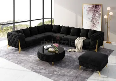 Elegant Black Sectional Sofa Set with Ottoman