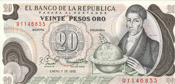 COLOMBIA 20 PESO ORO BANKNOTE 1982