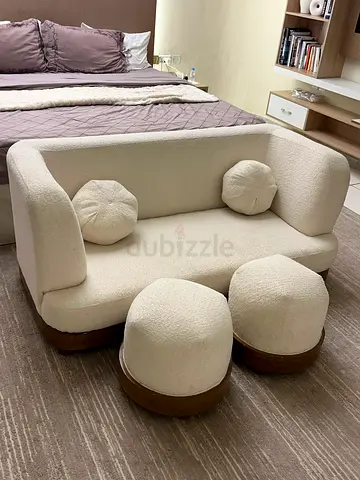 Cozy White Sofa with 2 Matching Stools and pillows- 2 Seaters