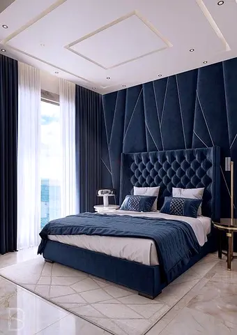 Luxurious Navy Blue Upholstered Bed with Chic Headboard