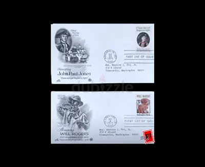 Vintage First Day Issue Stamps Featuring John Paul Jones and Will Rogers