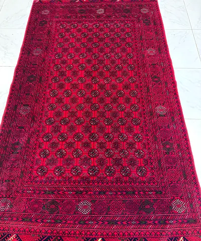 Beautiful Red Handwoven Carpet with Intricate Patterns , original Bukhara handmade rug
