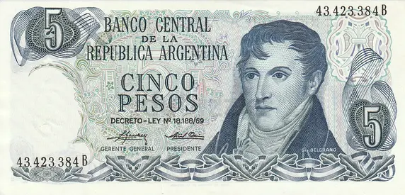 ARGENTINA 5 PESOS BANKNOTE 1974
