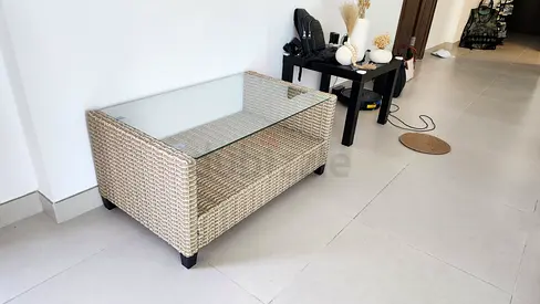 Stylish Glass-Top Coffee Table with Woven Base