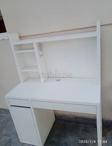 Modern White Study Table with Shelves