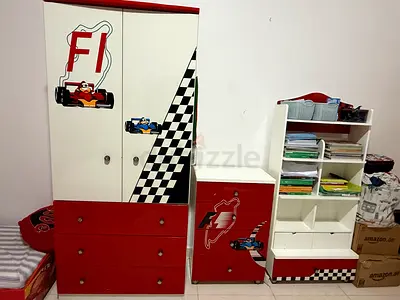 Kids Racing-Themed Wardrobe and Storage Set selling full set for 300dh