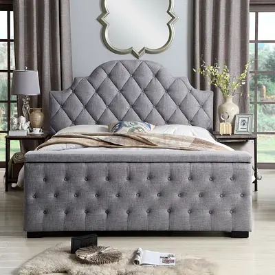 Elegant Grey Upholstered Bed with Chic Headboard