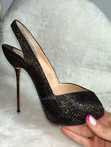 Christian Louboutin Black And Gold Glitter Fabric Peep Toe Slingback Sandals Size 38.5