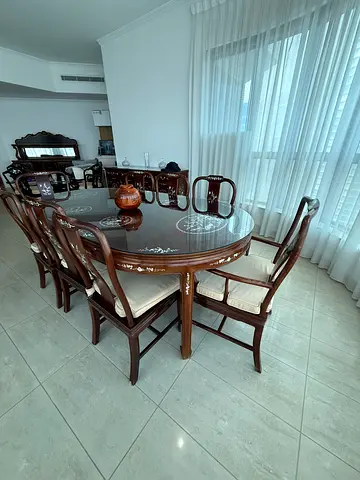 Elegant Dining Table Set with Exquisite mother of pearl Detailing - solid brown wood