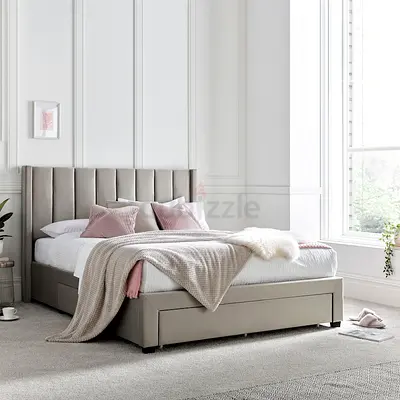Beige fabric bed with drawers, customization available