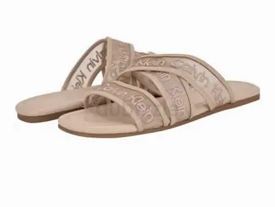 Calvin Klein Womens Bestina Flat Sandal (Light Natural Logo 110) Size 6.5 UK