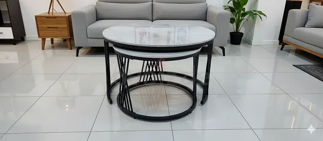Modern Nested Coffee Table Set – Grey Marble  Matte Black