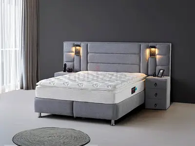 Full bedroom set Elegant Gray Upholstered Bed with 2 side tables and Mattress