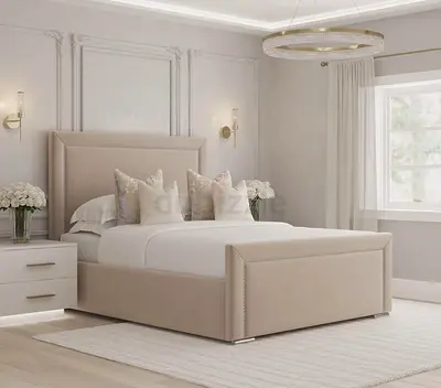 Upholstered Panel Super King Bed Frame Cream Plush Velvet Bed Frame
