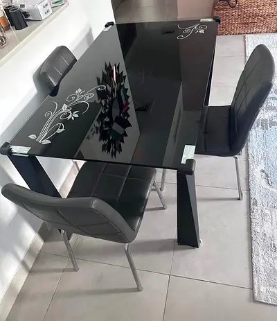 Stylish Black Glass Dining Table with Chairs