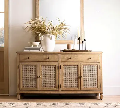 Charming Vintage-Style Console Table with Rattan Doors