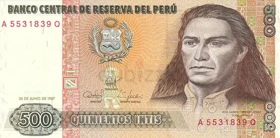 PERU 500 INTIS BANKNOTE 1987