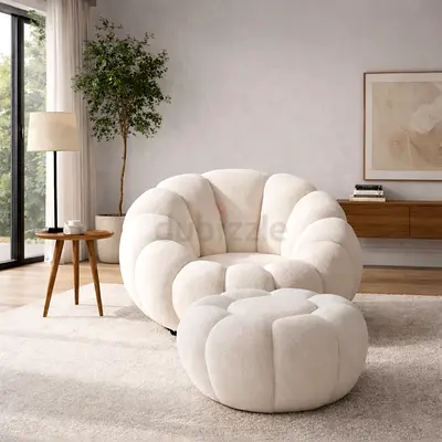 Single Sofa Chair with Footstool – Sheep Velvet Pumpkin Leisure Chair