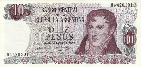 ARGENTINA 10 PESOS BANKNOTE 1975